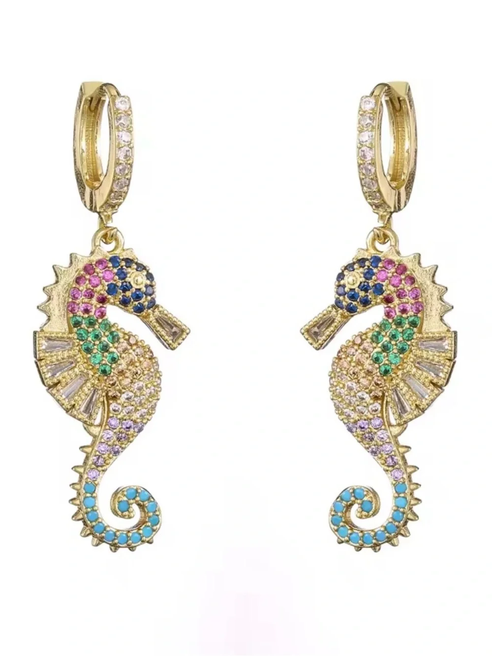 14k Multigem Seahorse Drop Hoop Earrings